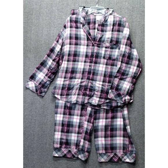 Victorias Secret 2pc Pajama PJ Set Large Plaid Pink Black Metallic Long Sleeve - Picture 1 of 13